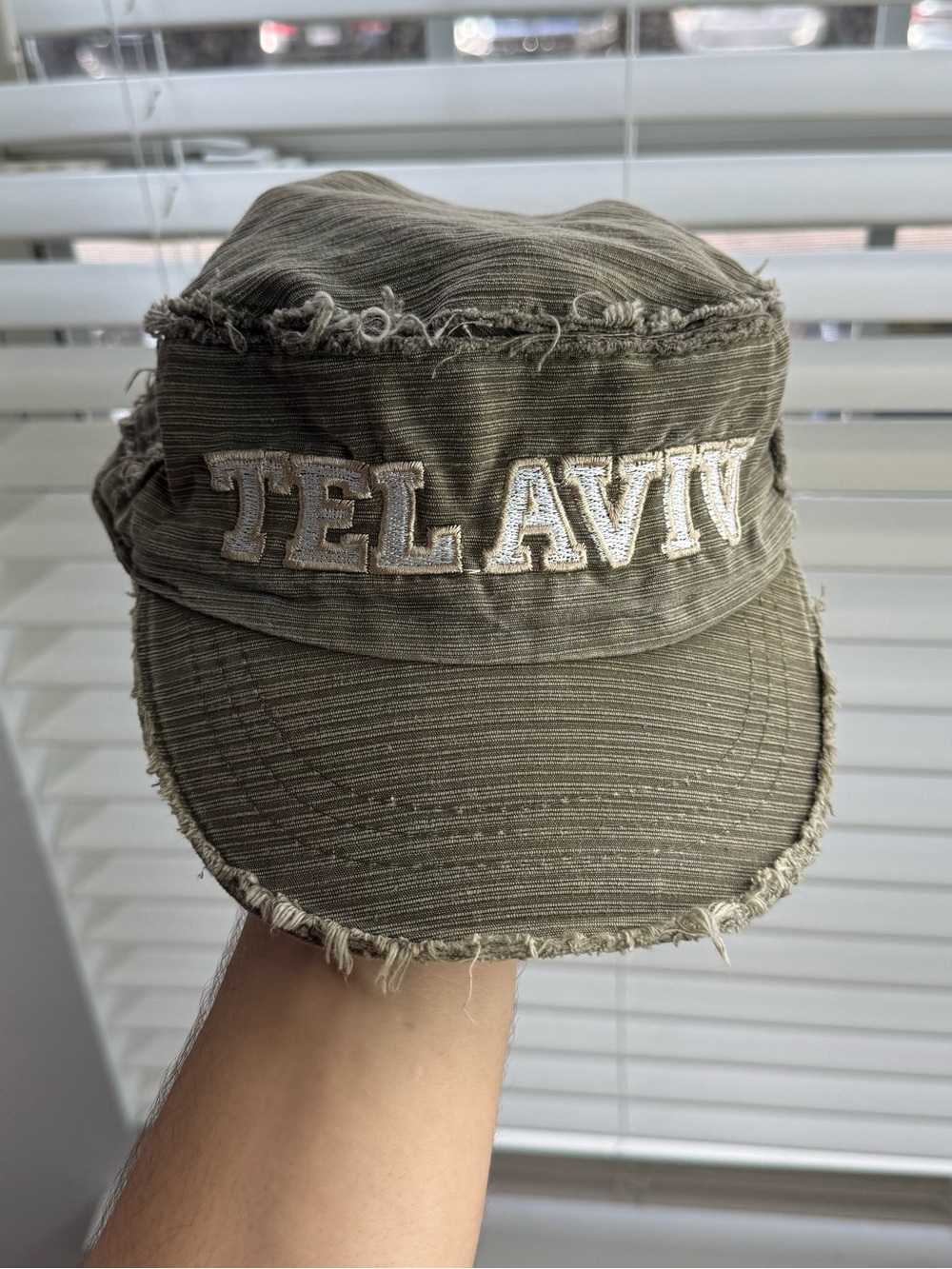 Vintage Tel Aviv Israel Distressed Military Cadet Cap Olive Green Hebrew Tag